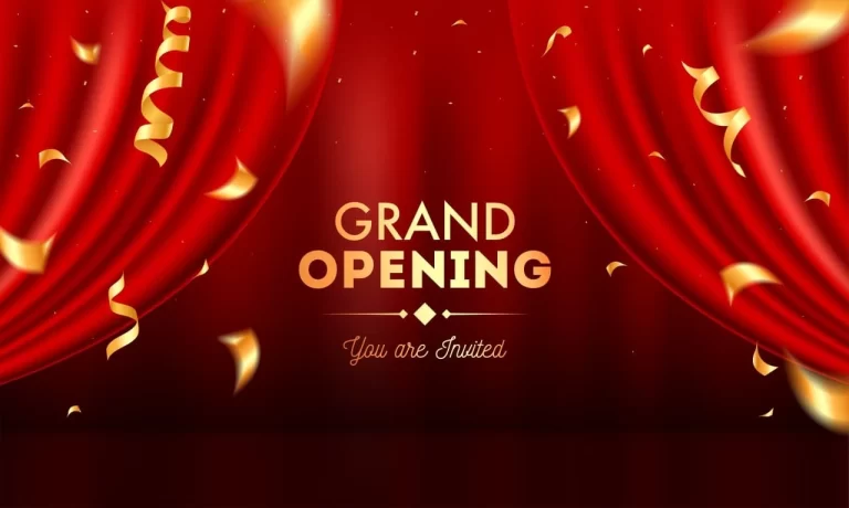 Realistic Grand Opening Invitation with Red Curtains and Golden Confetti