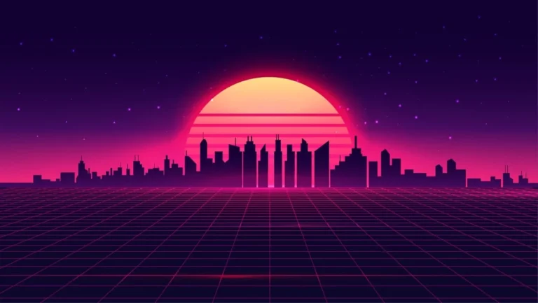Retro Futuristic Synthwave Retrowave Styled Night Cityscape with Sunset on Background